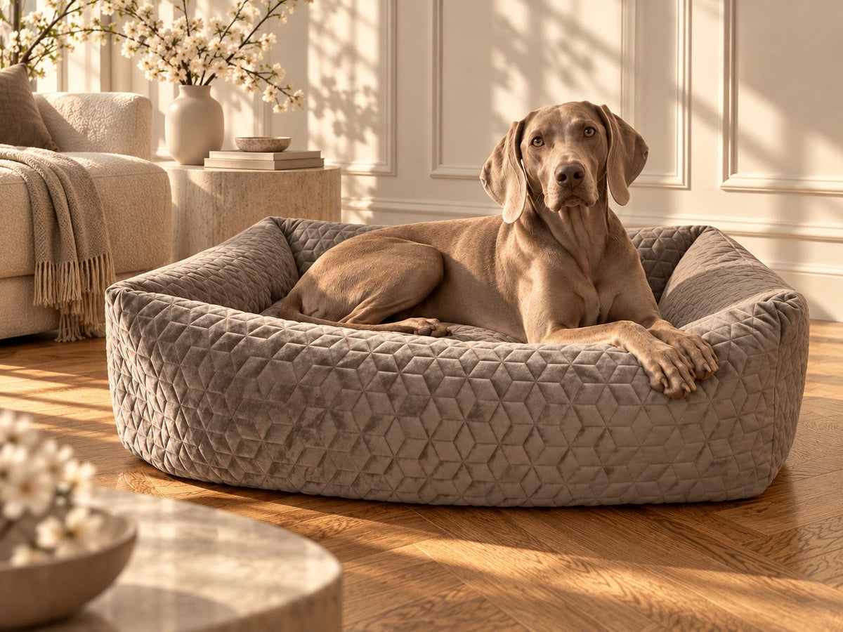 A dog resting on the DOXS bed with New York quilting